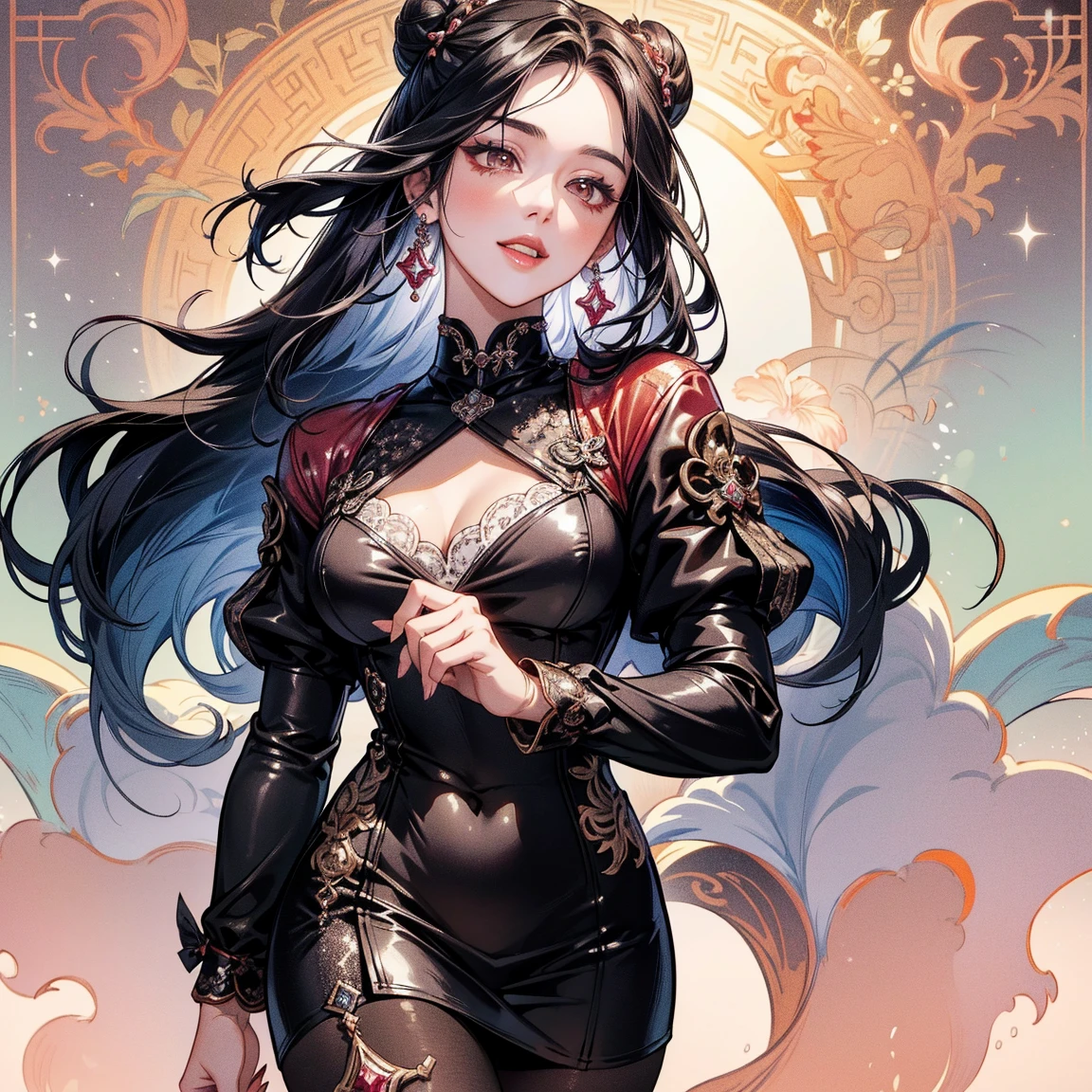 Mulher adulta, cabelo preto longo, olhos azuis, orelhas de raposa brancas, Hunfa wuxia aberto, seios abertos, seios grandes, sorriso, obra-prima, alta qualidade,Well-lit Cenarium,deleitando-se comendo uvas