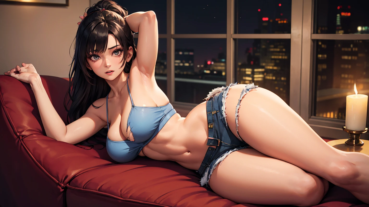 A sexy girl is listening to music by the window. Outside the window is a night city.