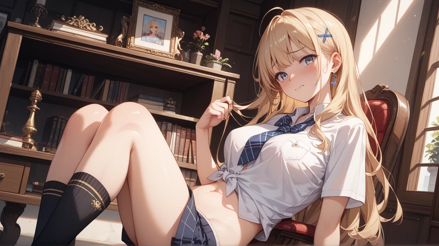 floor、mini skirt,Clothes with intricate details,Bright,Swimsuit,one person,blond,Sexy、Deep sleep、long hair、Stockings