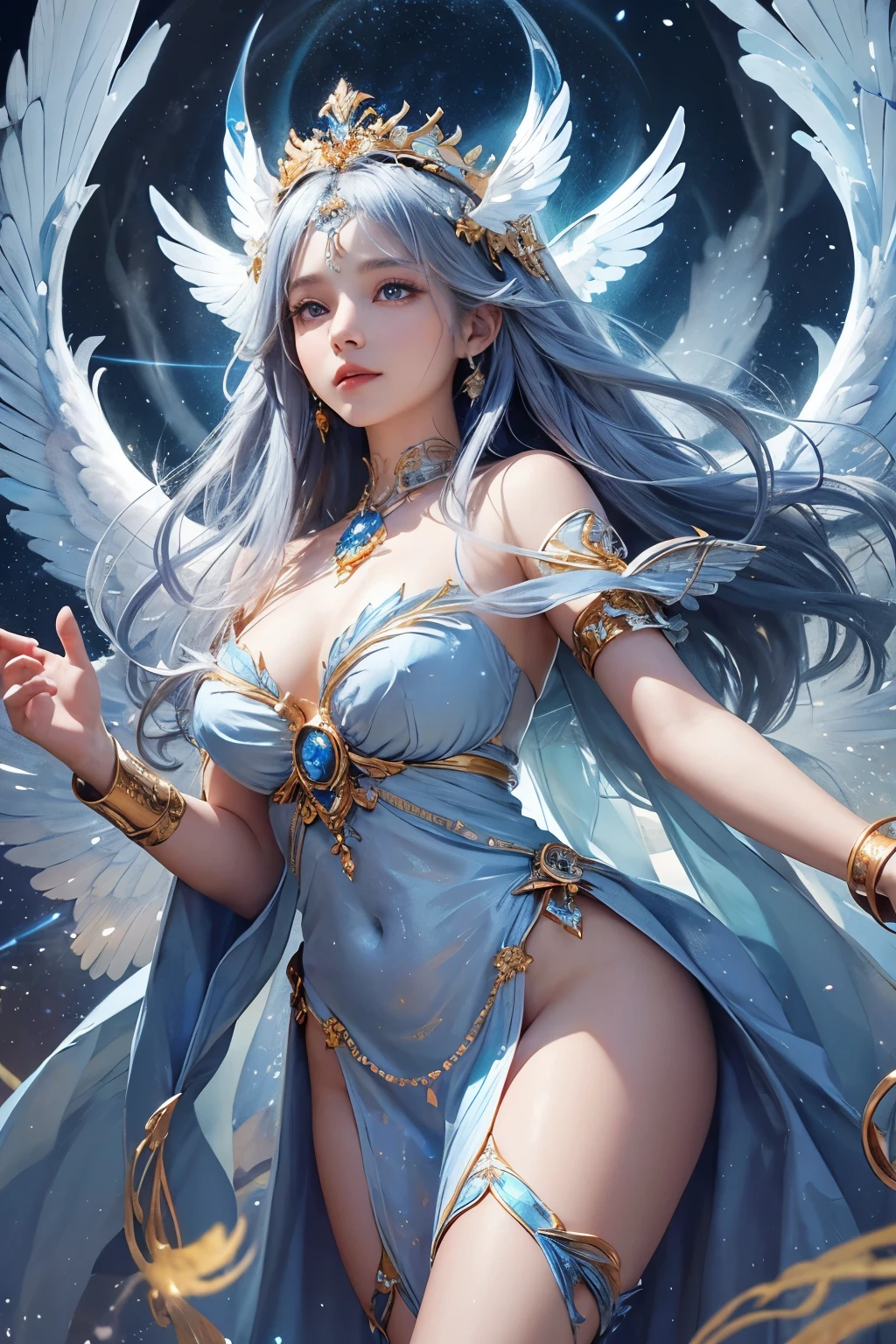 photography of, HD,, photore, woman, Beautiful dress gorgeous, mdjrny-v5, A gorgeous blonde female style portrait in stefan kostic style, Realistis, Bust photo, Clear focus, 8 k high definition, The is very detailed, iintricate, ellegance, The Art of Stanley Lau and Artgerm, Extremely blurry flame background, Princess girl with wings, blue colors, pastels, glitters, dramatic, Dreamy, pastels, watercolor paiting, Whimsical, Exquisite, Shell crown, Trends on Artstation, The is very detailed, iintricate,sportrait,digitial painting,fantasy themed,Fantasy robes,Fantasy concept art,Fantasy character art,Smug,s girl,perfect bodies,full bodyesbian,dream magical,pastels,aquarelle,whimsically,delicated,A masterpiece of the Shell Crown,8k,lighting perfect,鎖骨,Exquisite and perfect facial features,largeeyes,long eyelasher,The eyes are sweet and there are lying silkworms,ssmile,extreme picture quality,Highest accuracy,The perfect human structure, ((Busty:1.2,showing belly)),((Burst breasts:1.2)),,AS-Adult,femele,cowboy lens,looking at viewert,电影灯光,fawn
