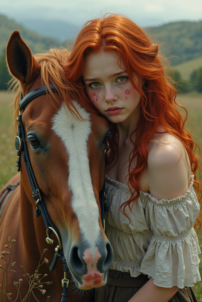 girl in, age19, Solo, Aesthetic artwork, irish, wavy ginger hair, shoulder length hair, gray eyes, light grey eyes, pale skin, A-cup, small breasts, runners body, (textured skin, skin pores:1.1), goosebumps, in a sundress, downblouse, windblown hair, riding a horse