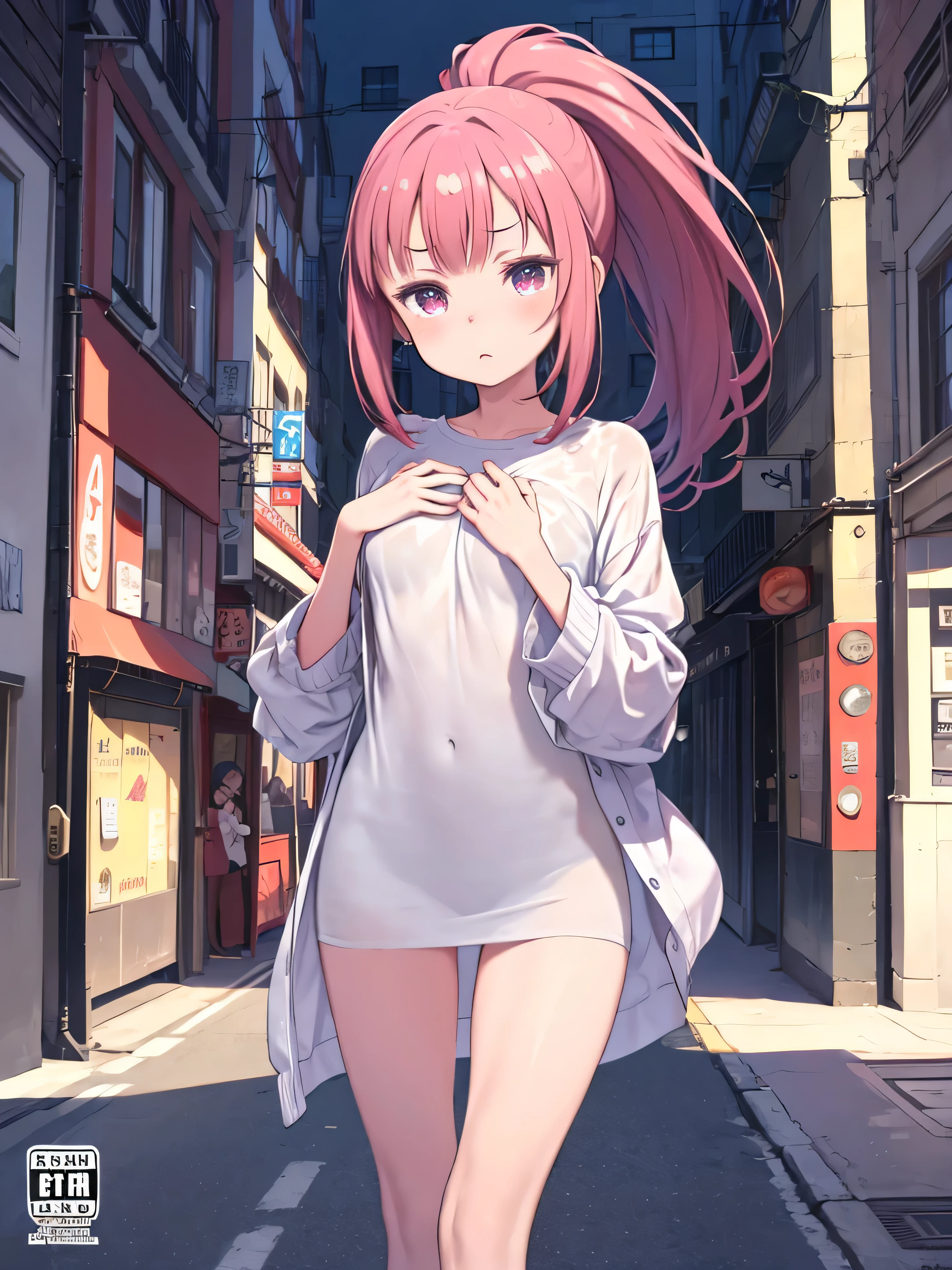 (masterpiece:1.3, Highest quality, Ultra-high resolution, Super detailed), (Realistic, photoRealistic:1.4), Beautiful illustrations, Perfect lighting, Natural light, colorful, Depth of written boundary, Surrealism,
Beautiful detailed hair, Beautifully detailed face, Beautiful attention to detail, Beautiful clavicle, Beautiful body, 美しいchest, Beautiful thighs, Beautiful feet, Beautiful fingers, Shiny skin, 
View your viewers, 1 Girl, high school girl, (Perfect Anatomy, Anatomically correct, Highly detailed skin), Cute and symmetrical face, Baby Face, Perfect Face, Perfect Eyes, thin, 
(Long Hair, Straight hair, Pink Hair), bangs, Deep purple eyes, Droopy eyes, Long eyelashes, (medium chests, Captivating thighs), 
Pink good, Pink Panties, chest, Bottomless, 
(Beautiful views), evening, (City Sidewalk), squat, Put your arms behind your head, Spread your legs, (Lewd face, blush),