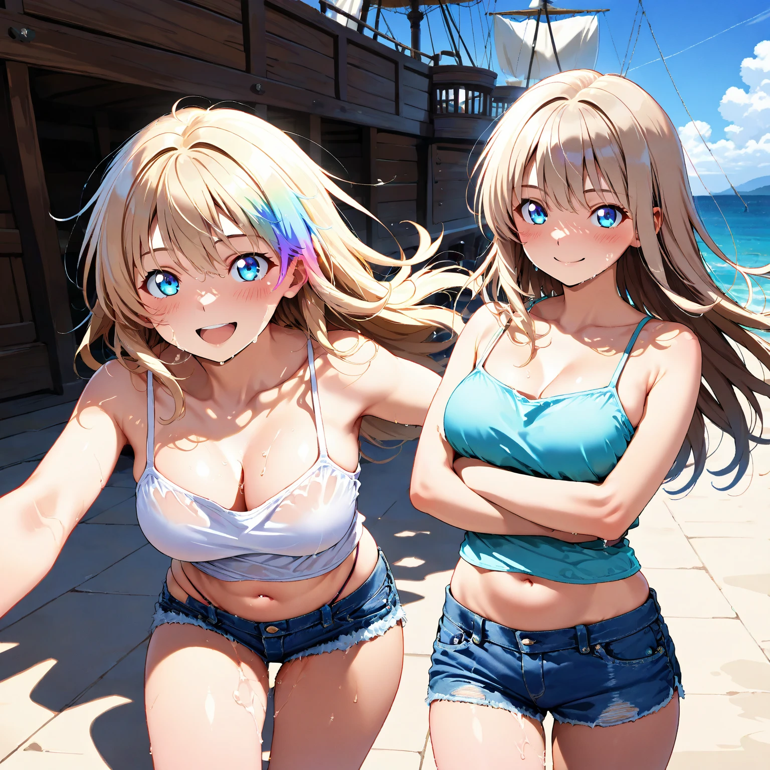 Realistic, 3 beautiful Japanese gals, Selfie, Face Enhancement, Face Zoom, Big smile, Long blonde hair, Wavy Hair, Dark Skin, Beach, bikini, Looking up from below