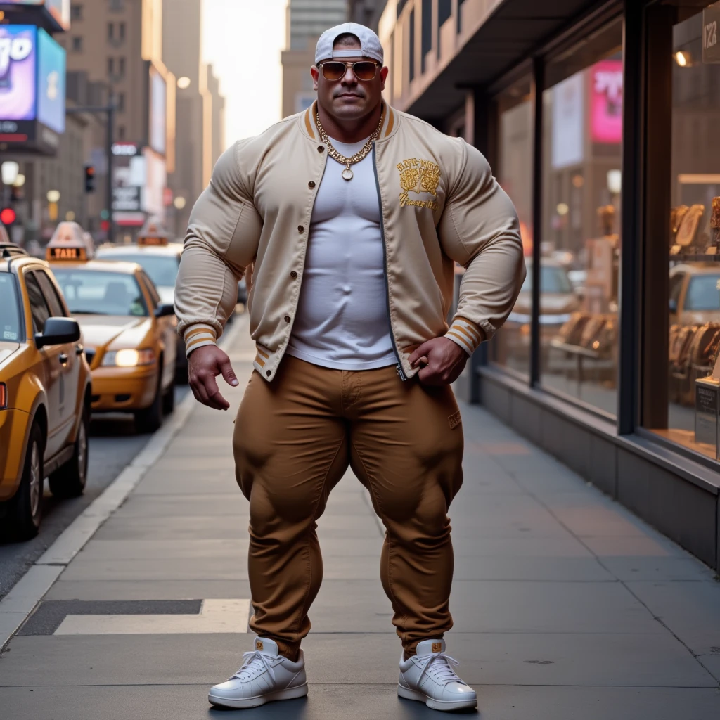 chubby old man in nigh street city (wearing white shorts and white tank top, shoes), big balls, hyper muscle, hyper muscular, hyper pecs, hyper pectoral, absurdly muscular, absurdly muscle size, flare lights, bur background, old man, thick arm, huge arm, bearded. White hair and long beard, bearded, muscular, pectoral, wide pectoral, large pectoral, realistic, 8k, masterpiece,