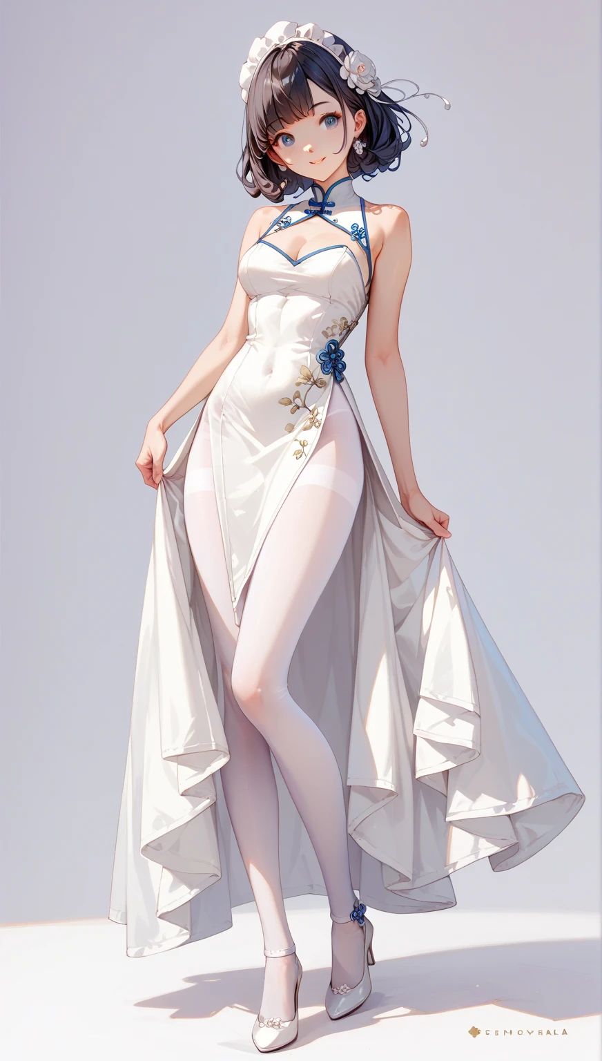 Master anime work, impeccable masterpiece, a mature female character in sexy transparent formal dress standing on a pure white background, flowing silver hair, full body standing, slender legs, straight breasts, detailed face details, natural and beautiful standing, vivid and real body details