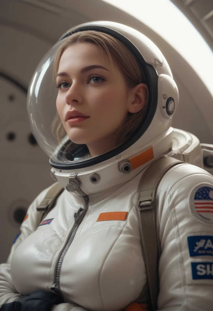 young female in sexy astronaut suit j0rd7nj0n3s  in space, beautiful face, realistic photo, (portrait), [smoke], [haze], natural lighting, shallow depth of field, photographed on a Canon EOS-1D X Mark III, 50mm lens, F/2.8, (intricately detailed, hyperdetailed), ((RAW color)), sharp focus, HDR, 4k resolution, Cinematic film