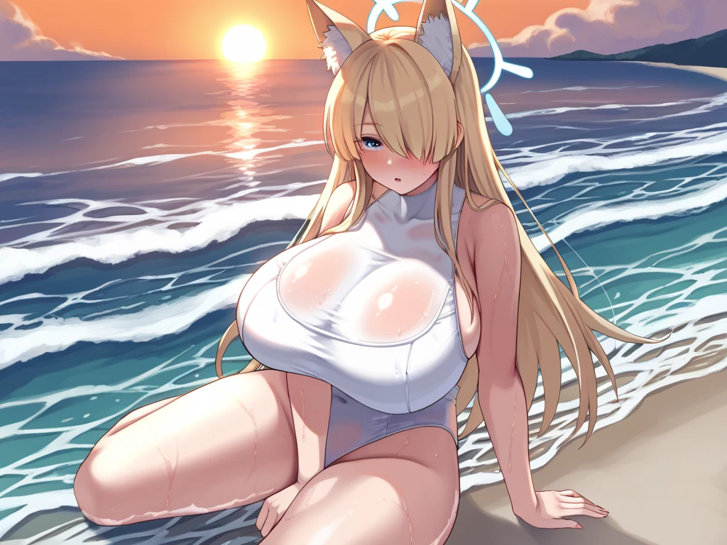 Ahri, Nsfw, league of legends, Kda, thick thighs, posing, beach, fox Ears, blonde Hair, Kda Ahri, busty, wide hips, big , naughty, solo