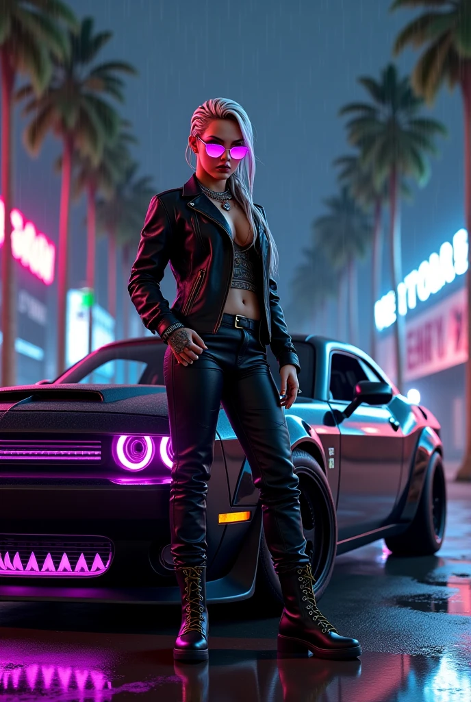 analog style, woman, (thepit bimbo:1.0)), blue eyes, black crop top with text, hoop earrings, detailed, skin texture, blonde hair, full lips, full body perspective, platform heels, collar, pink jacket, centered, tan skin, looking at viewer, kneesocks, 8k, highly detailed, glossy, [Nina Dobrev|Emma Stone], symmetric, realistic, photo-realistic, cleavage focus, pout, jeans shorts, studio lights, wide hips, glowing colors, glowing skin, wavy hair, cyberpunk, breast enlargement, fingerless gloves, neon lights