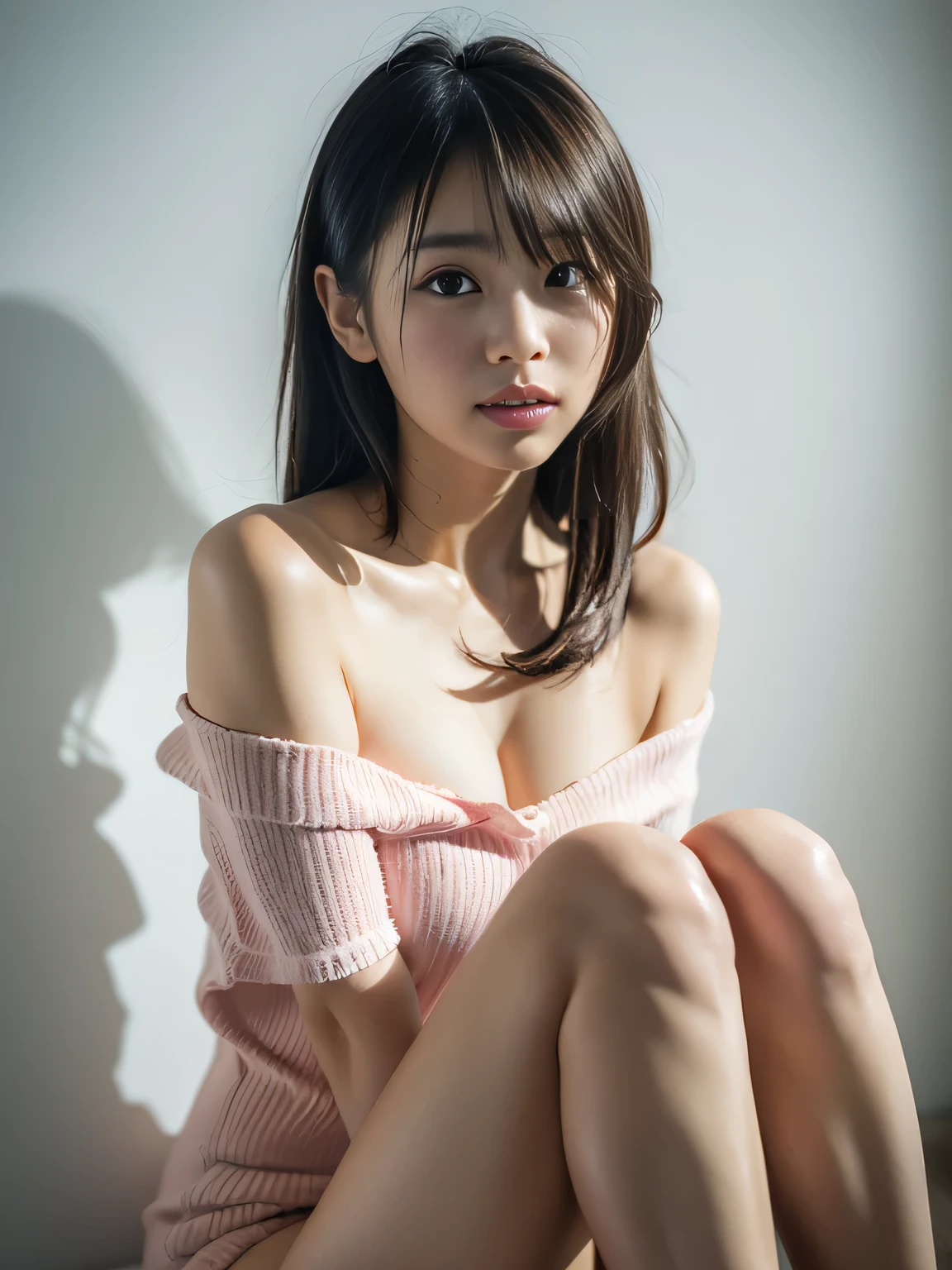 ((of the highest quality, 8K, masutepiece: 1.3, Raw photo)), Sharp Focus: 1.2, (1 AESPA Girl :1.1), Solo, (Realistic, Photorealistic: 1.37), (Face Focus: 1.1), Cute face, hyperdetailed face, short messy hair, Small Smile, slender, camisole, chiffon skirt, (Sitting with one knee up: 1.3), office room, (show panties: 1.1), from below, flower, dahlia