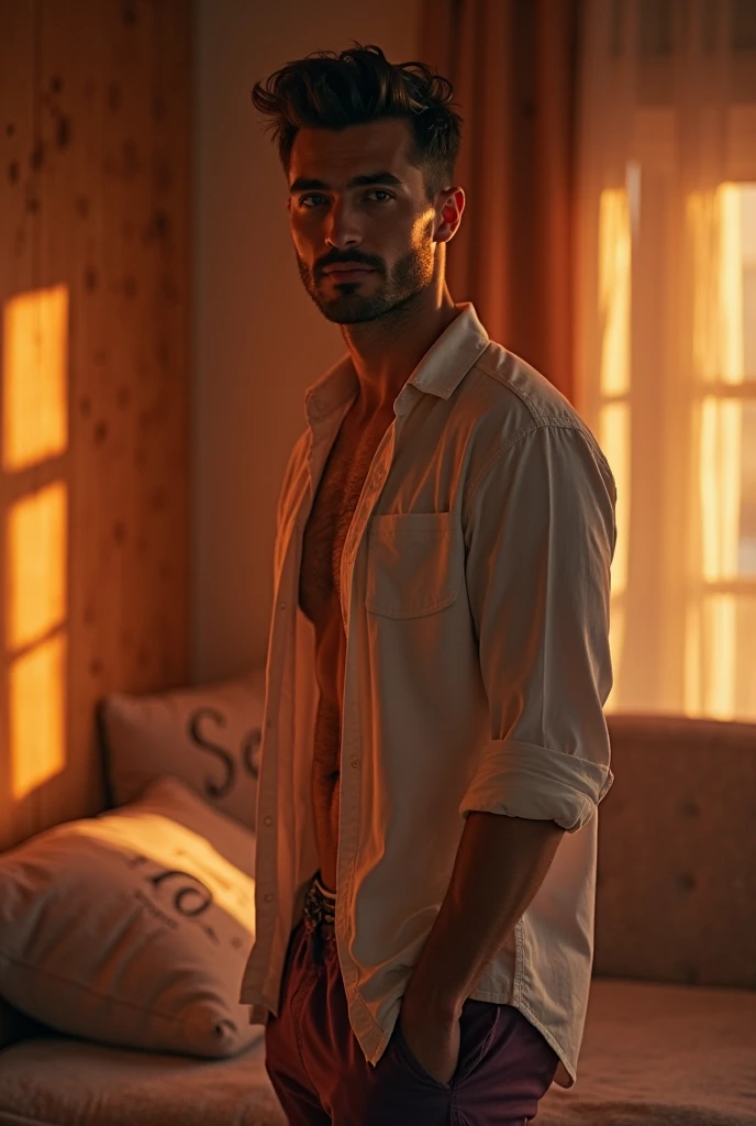 Homem branco jovem forte, com cabelos muito curtos e loiro muito claro dourado de etnia europeia. Ele deve estar em seu apartamento, de costas pra foto e sem camisa.