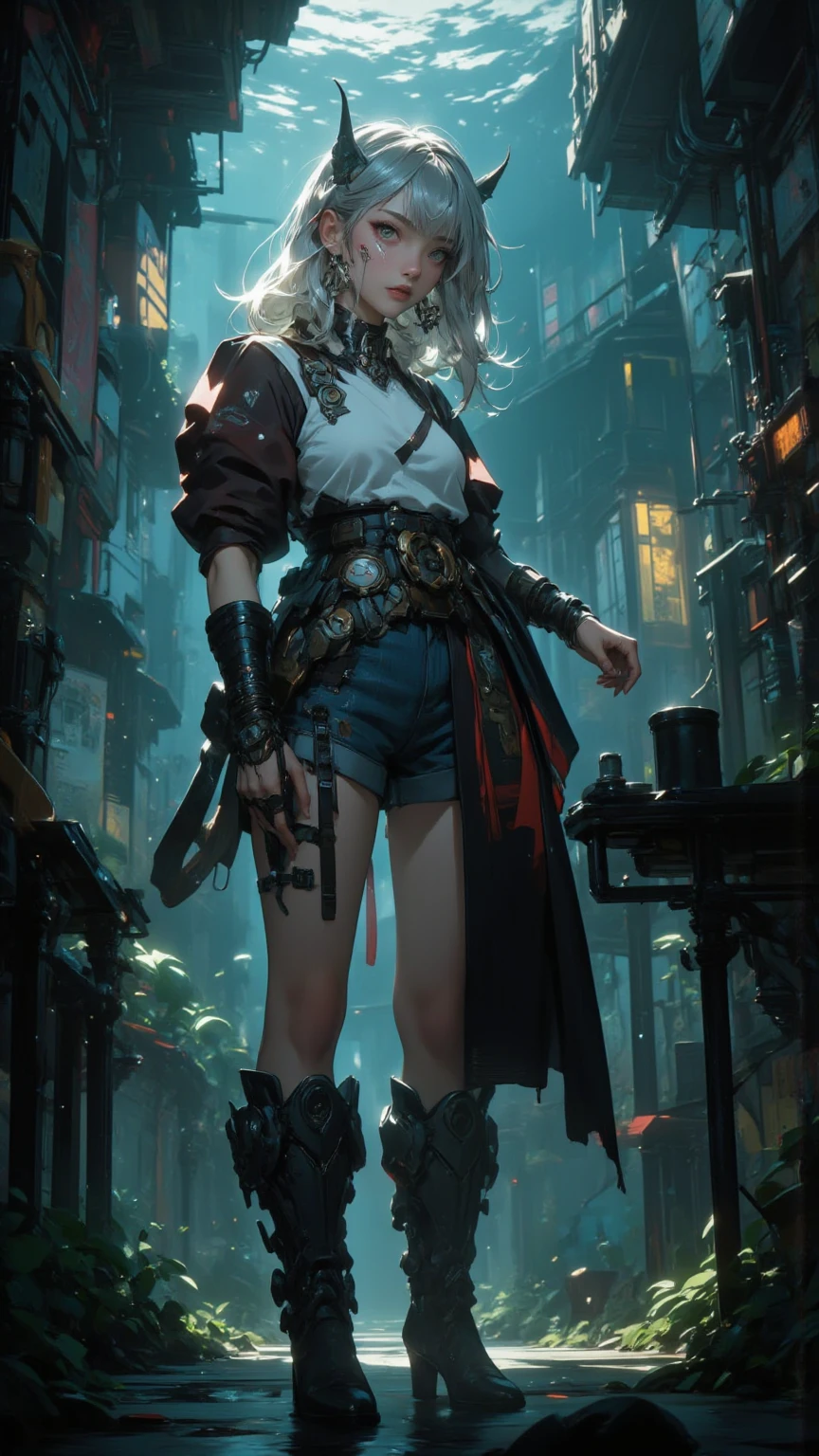 a highly detailed, cinematic scene of a futuristic, post-apocalyptic desert landscape, abandoned and desolate, with rusted and dilapidated buildings, crumbling infrastructure, and a vast, unforgiving sky, in tattered combat gear with a cyberpunk-inspired weapon, dynamic lighting, dramatic shadows, gritty, weathered textures, muted color palette, cinematic composition, volumetric lighting, atmospheric haze, (best quality,4k,8k,highres,masterpiece:1.2),ultra-detailed,(realistic,photorealistic,photo-realistic:1.37),concept art, sci-fi, dystopian, hyperrealistic