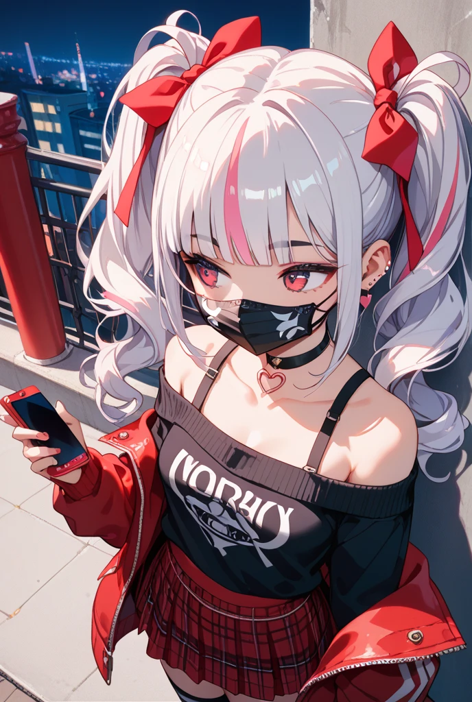 Abigail(destiny))、One girl、Gray Hair、Long Hair、Red eyes、amount、Third Eye、Side Lock、Parted bangs、Side Ponytail、Earrings、Baseball cap、Black jacket、Off the shoulder、Exposed shoulders、Tube top、Shorts、Fishnet tights、Asymmetrical legwear、Have a mobile phone、Sharp teeth、smile、Outdoor、Town、graffiti、night、Red Moon、