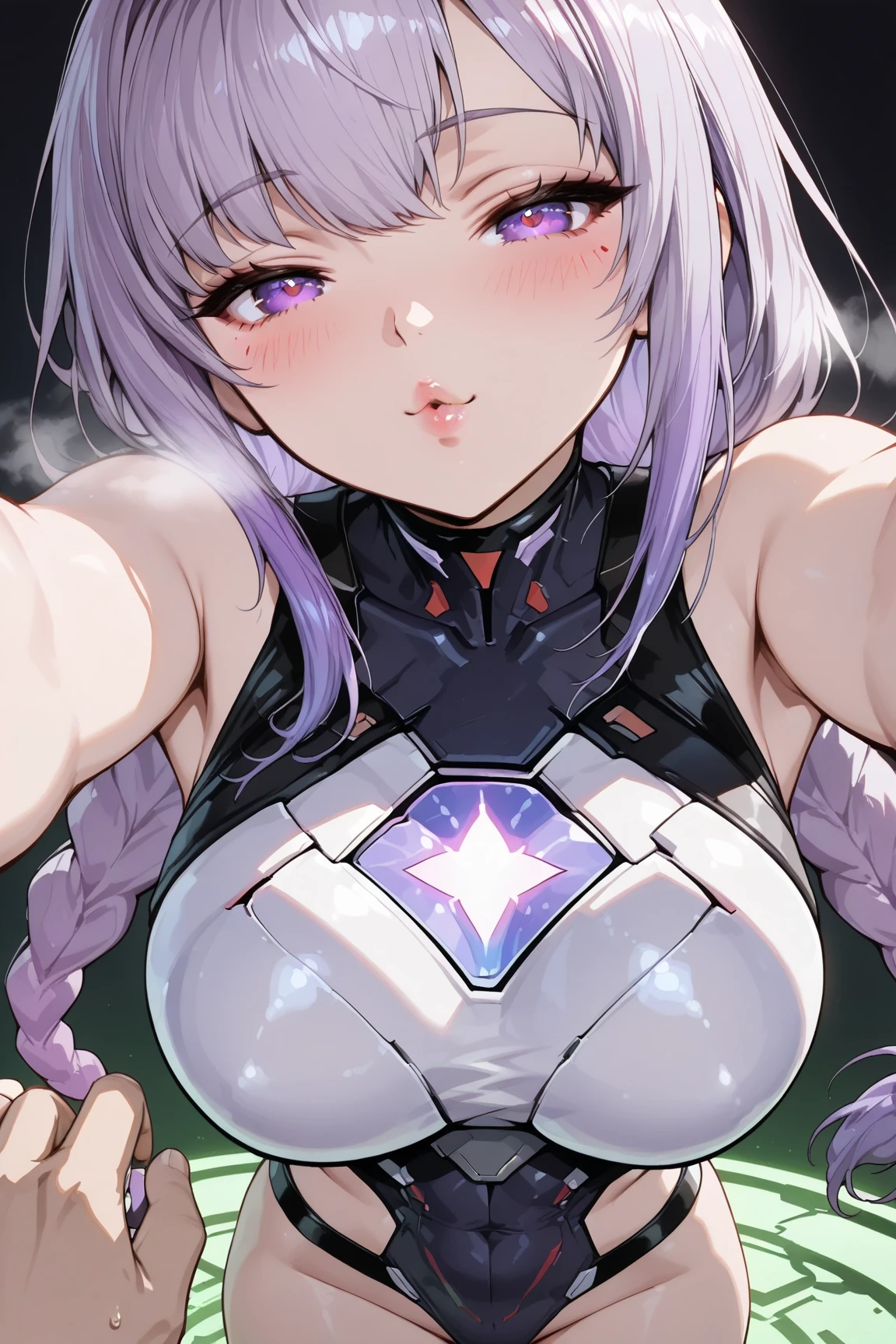 ??????, Voluminous, expensive, A female officer in a shiny purple rubber suit, Bedroom with red hearts on a black background, Dark Theme, evil, Fascinating, Excited, Condescending smile, Hollow purple eyes, Sexy pose