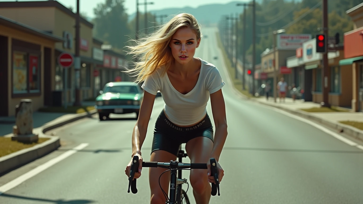 A beautiful woman riding a bicycle, flat tire, blonde, big-ass, with angry face
