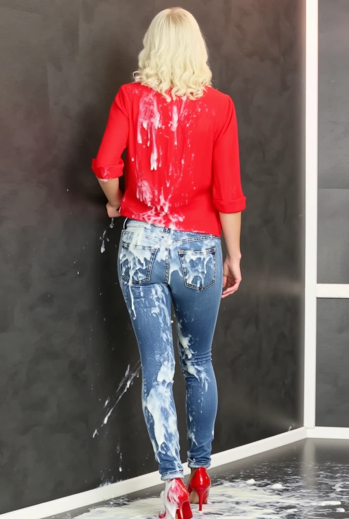tall blonde woman with long legs, blue eyes, messy bob hair, tight blouse skinny jeans, high heels, show heels, inviting smile, cum on cloth, cum on face, soaking wet, SoakingWetClothes