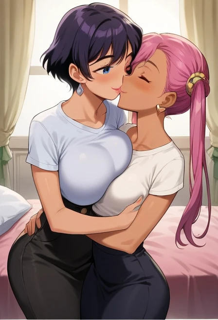 score_9, score_8_up, score_7_up, source_anime, rating_explicit, beautyful woman, gothic, mature woman, tattoos in whole body, slim body, slender body, lilac bra, long sidecut hair, lilac hair, long hair, black lipstick, lesbian , 2 woman, japanese woman, slender body, pink bra, long black hair, fringe hair, motel room, night, milf, blowjob SEX