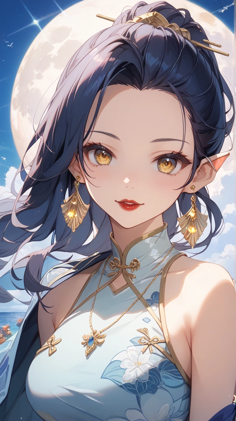 masterpiece, best quality, <lora:genshinfujin-nvwls-v1-000009:0.9> fujin, wing hair ornament, hair rings, earrings, forehead mark, green and orange dress, upper body, hand to own chest, night sky, mountains, ocean, cliffs, smile, looking at viewer