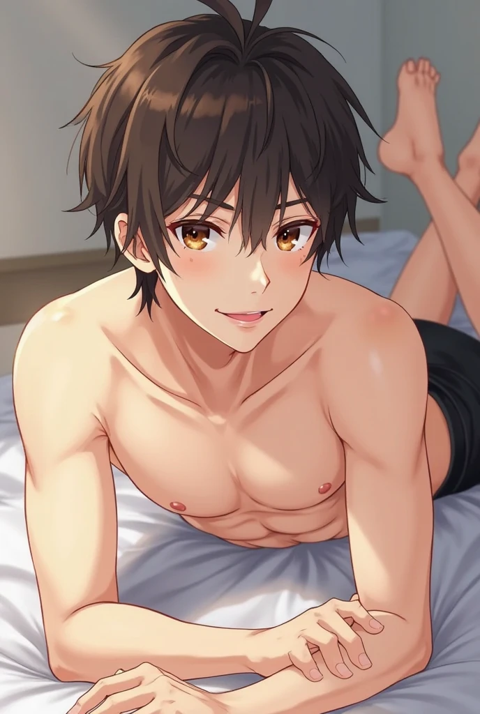 Masterpiece, best quality, high quality, high res, HDR, 4K, 1 boy, Solo, 2, Handsome face, Slim body, Muscular build,  Green eyes, has Short Brown hair, wears white short sleeve, Anatomically correct, Lie on a large white bed, Smile, blushed face, sunny day