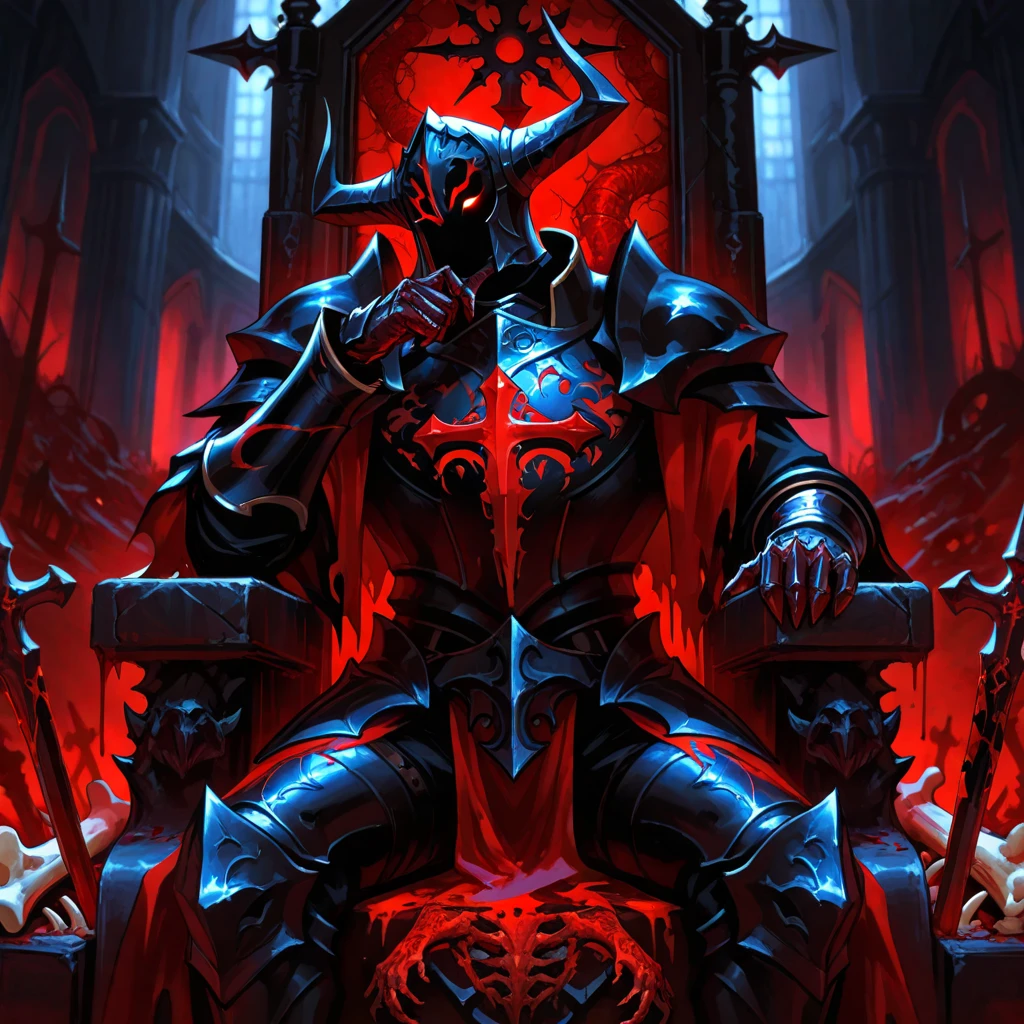 eagle, black armor, skull armor, red glowing eyes,sitting in the sofa, clock, sun, red slime, red slime sitting on it lap