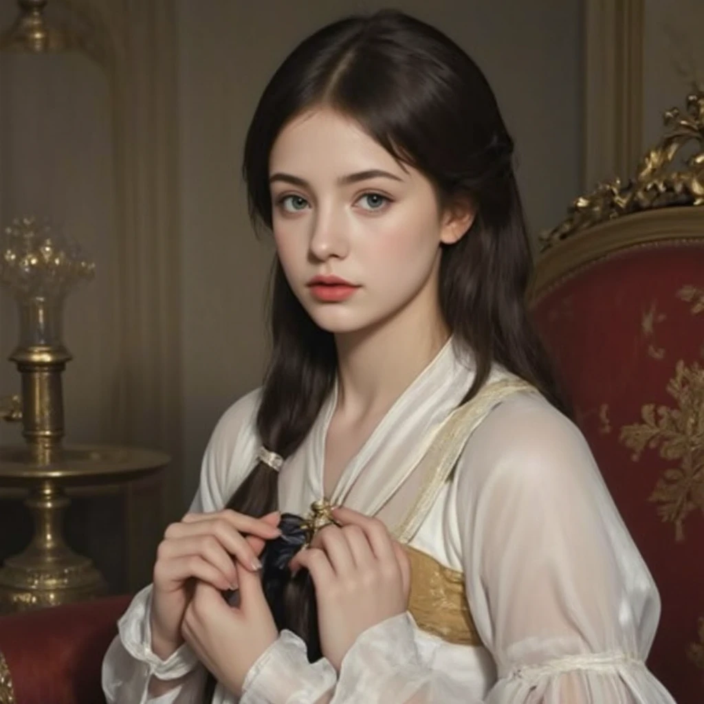 A beautiful princess with wavy hair and bright eyes runs energetically from the palace, carrying a sword and a knight. 