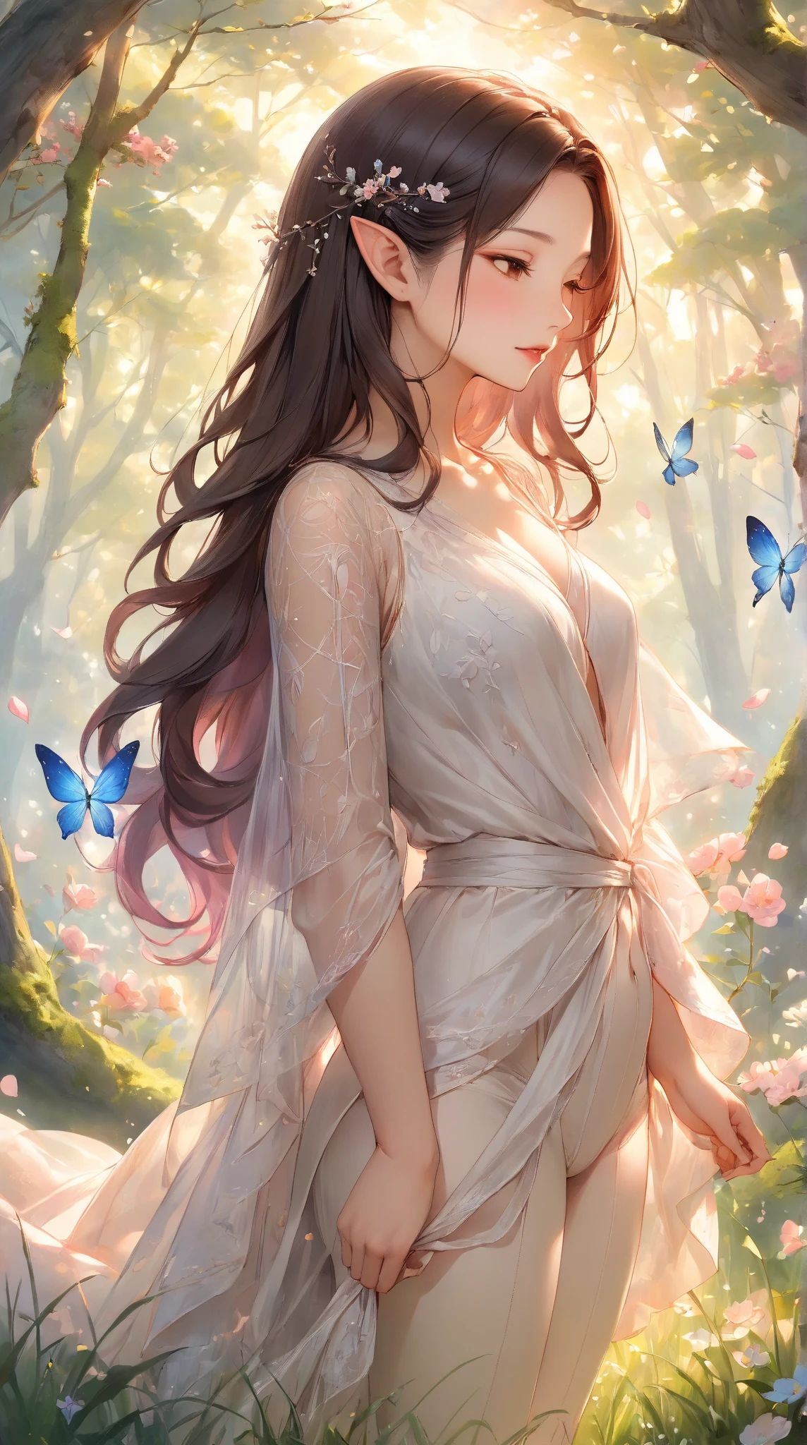 Fantasic Illustration, Masterpiece: 1.2, Highest Quality, Highres, 16k, Beautiful Detailed, Ultra-Realistic, Photo Realistic: 1.37, Beautiful Cute Girl, kneeling in English rose garden,under the rose arch, rose tattoo on arms, growing eyes, shining pupils, blushed cheek, shiny rosy lips, wearing dress show off tattoo, delicate beautiful (hair, face, eyes, pupils, long eyelash), middle breasts,