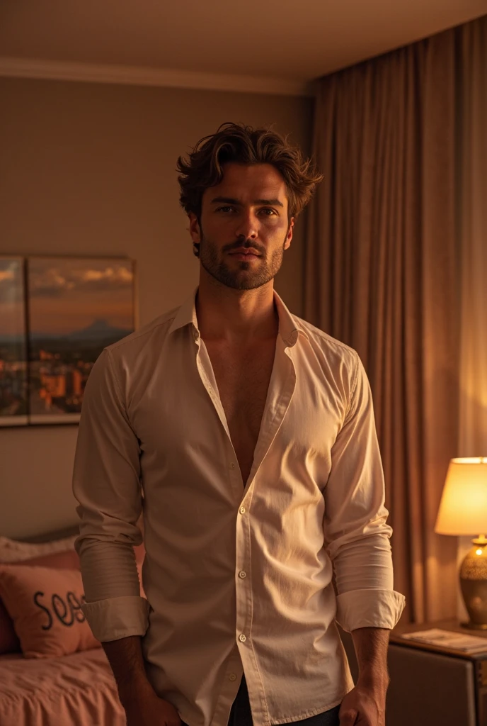 luxury,high-end feeling,An rich man wearing white shirt and casual pants, sitting on a beach lounger by the pool,Deluxe swimming pool, holding red wine in hand, tie and businessman hairstyle, successful person, indoors, illuminated by lights, gorgeous lobby background,film stock photograph,looking into camera
