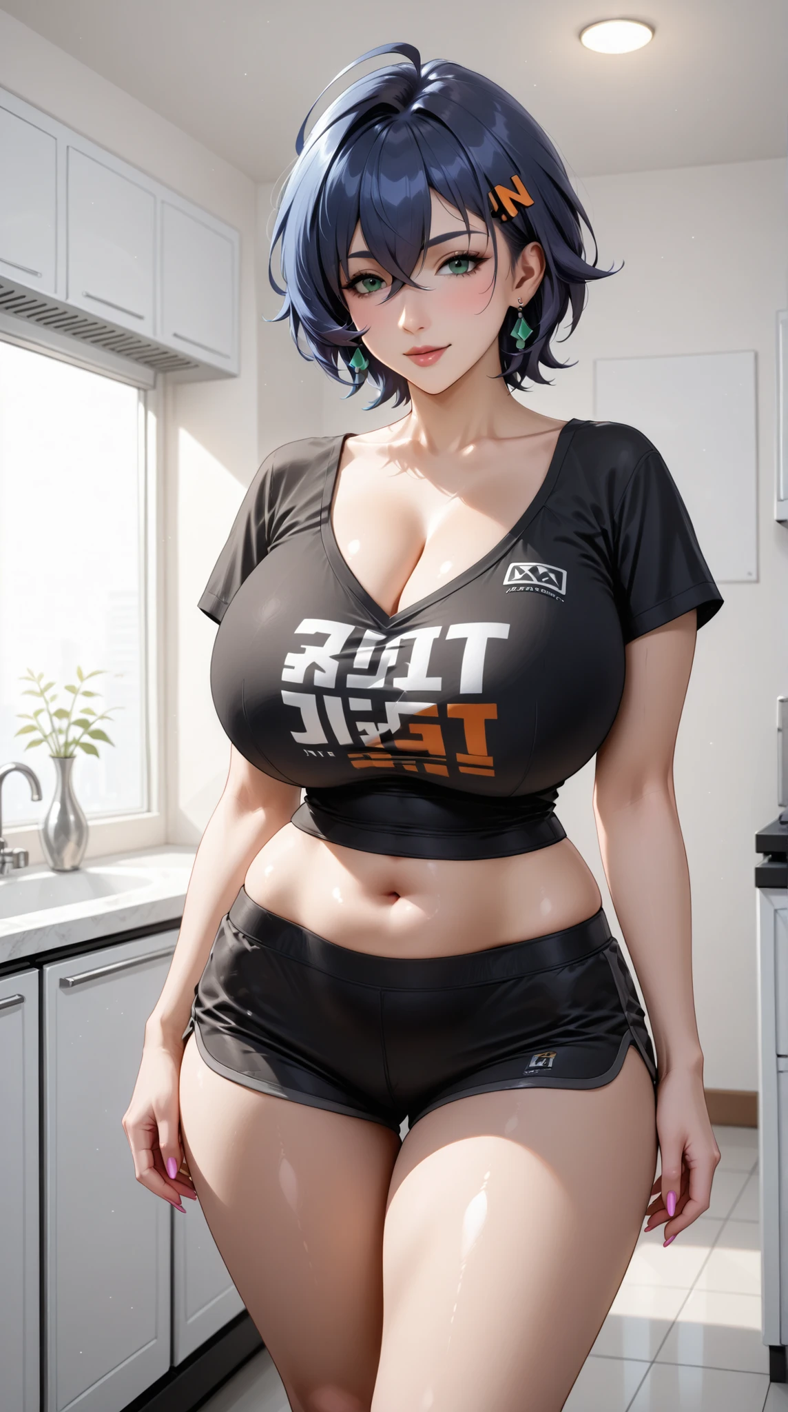 A cop, carrying a gun, wearing open police clothing like a tank top, black hair color, green eyes, Beauty, big breasts, pregnant and smiling, is in a wide field
