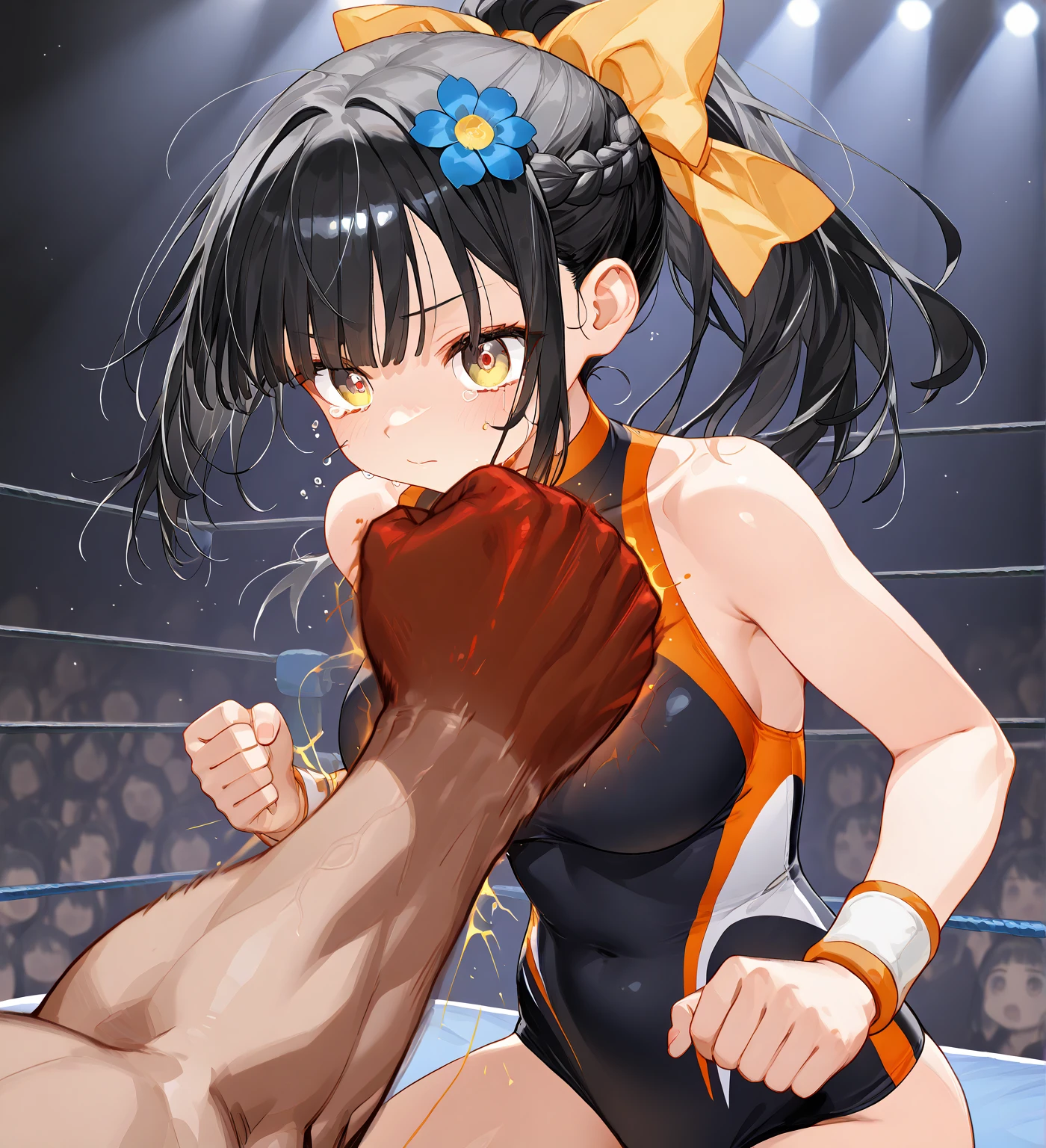 (((masterpiece))),(((best quality))),(ultra-detailed,high resolution:1.2),(illustration),((an extremely delicate and beautiful)),(detailed background), (((((hug from behind)))), sex from behind, standing sex, ((((motion lines)))), vulgarity, (((wrestling ring)))), ((1petit girl)and(1muscular man)), (height difference),hetero, ((((1petit girl,short stature)))), (slender body:1.4), (medium hair,straight hair),black hair, dark eyes, ((((flat chest)))), covered navel, collarbone, pale skin,shiny skin,((She wears one piece swimsuit,frilly swimsuit, hair ribbon)), ((((panicking)))), (wavy mouth), open mouth, (trembling), (cum on clothes,cum on body,excessive cum:1.4),cum facial,bukkake,cum on hair,cum in pussy, clothing aside, clothed, (1muscular man,tall stature:1.4),large penis, he looks ahegao, text,