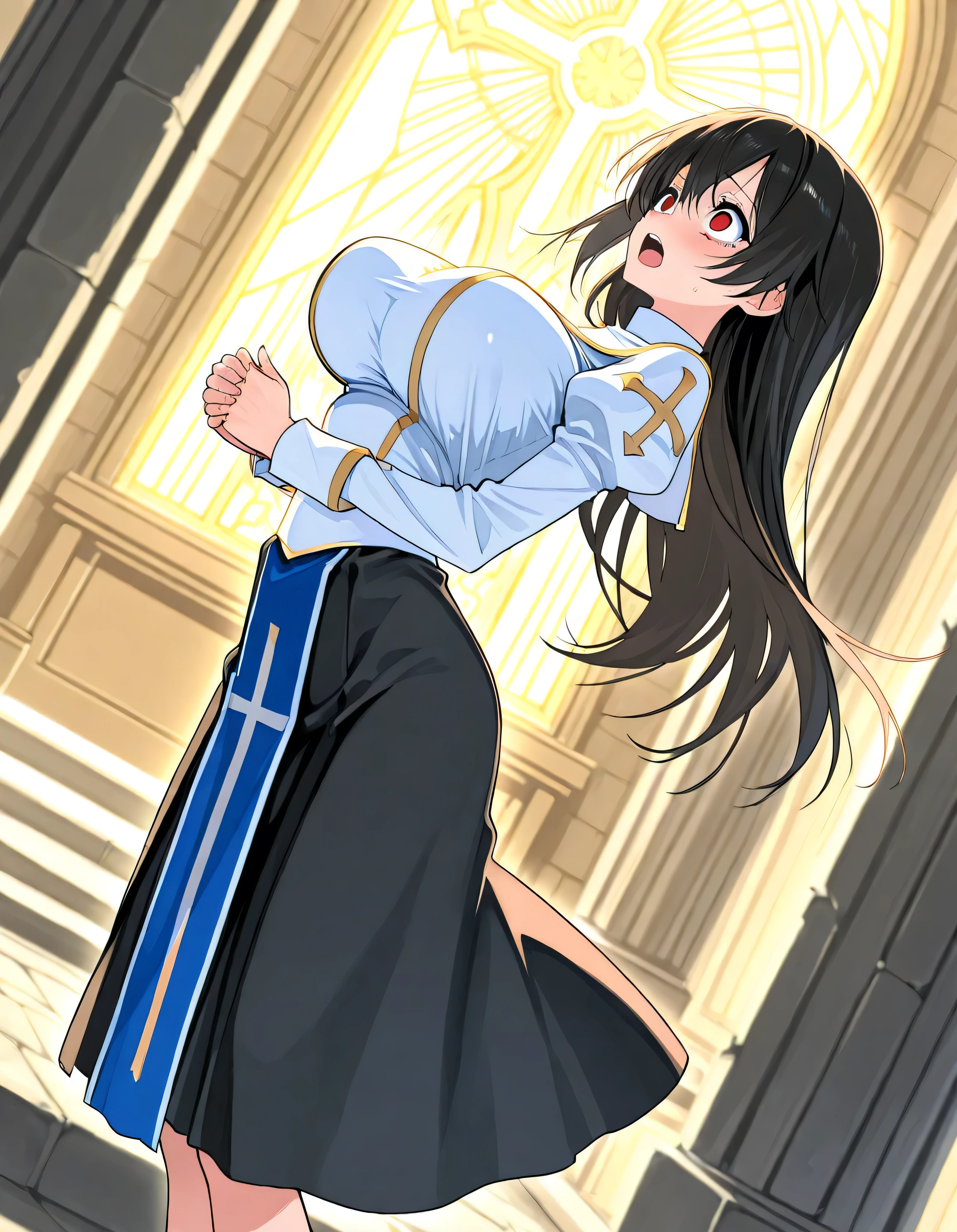 score_9, score_8_up, fantasy, source_anime, BREAK, holy temple, (1 skinny priest standing), praying hands under breasts, arched back, (bouncing huge breasts), (perky breasts), BREAK, narrow waist, skinny legs, long skirt, large eyes, orgasm