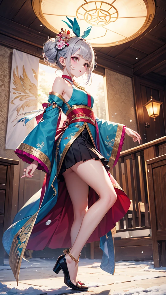 ((Highest quality、8k、masterpiece:1.3))、Dynamic Angle、Angle seen from below、The whole body is visible、Looking up from the bottom of the stairs、wallpaper、1 person、Unparalleled beauty、Ultimate beauty、Skimpy underwear、Highly detailed face、Delicate eyes、Sexy look、Looking into the camera、Depth of written border、Particles of light、Side light、ponytail、kimono、A skirt blown up by the wind、Genshin Impact、Open the chest、Big Breasts、Cleavage、Knee socks、Thighs、slim、thin、Old castle at night