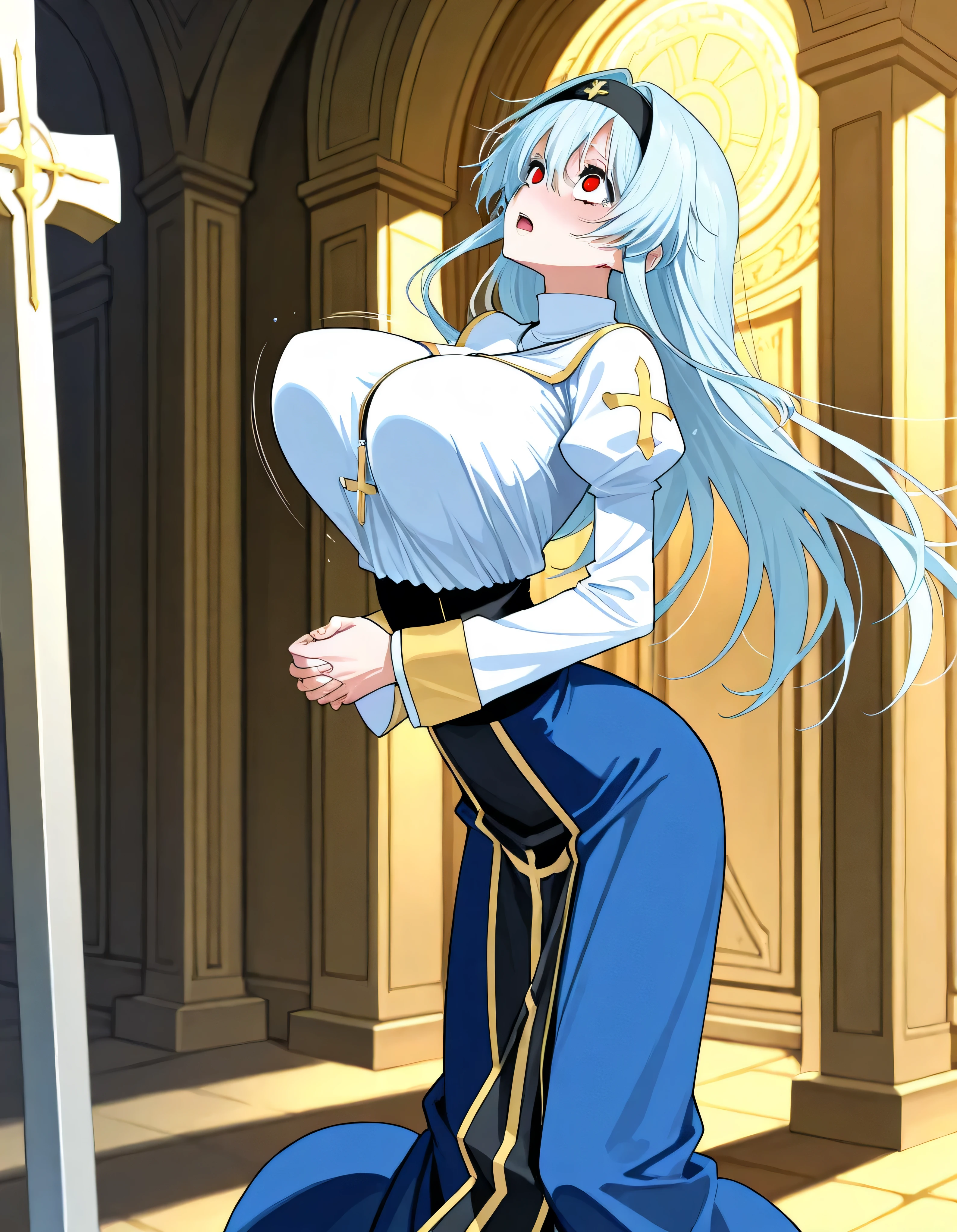 score_9, score_8_up, fantasy, source_anime, BREAK, holy temple, (1 skinny priest standing), praying hands under breasts, arched back, (bouncing huge breasts), (perky breasts), BREAK, narrow waist, skinny legs, long skirt, large eyes, orgasm