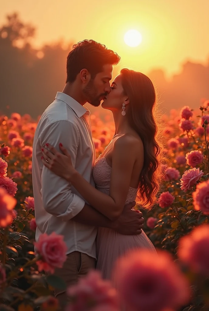 Couple formed by one with dark skin and straight hair and one with WHITE skin and LIGHT BROWN hair, hugging each other with a background of pink tulips and a car with McQueen's print