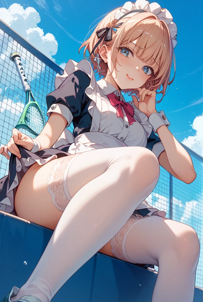 Absurd, High resolution,
break
looking at viewer, Cowboy Shot, (From below:1.5)
break
(Bright colors:1.3)
break
(One Girl :1.3), (change:1.2),Redhead, blue eyes, Tennis uniform, Hair Clip, Earrings, jewelry, nm1,  Hair Ribbon, short hair, Tennis Cosplay, (Pleated super short skirt:1.4), (Thighs:1.3), (Very cute panties:1.2), (Bitten panties:1.3), Backwards, Skirt Lift, Showing panties, Lifted it himself,(large Butt:1.3), (Butt view:1.6),large chests, (Smile:1.3), Open your mouth, (chest:1.3), Butt, Round eyes, (blowing in the Wind:0.5), Sweat around the girl, Dripping sweat, Squall (Wind:1.2), Speed, 爽やかなWind, Motion Blur Effect, Wind, (I can&#39;t see your pants:1.4)
break
background is (Tennis court:1.3), (10,000 spectators,:1.3), There are multiple people behind you, Blue sky with clouds, Outdoor, (Amazing panoramic views:1.2), Wind
break
sunlight, Nice views, Rainbow in the sky, Particles of light, Dynamic Angle, Dutch Angle, perspective
break
(Daytime, Sunbeam:1.2), Depth of written boundary, Bokeh, Light leakage, (chromatic aberration:1.2), noon
break
