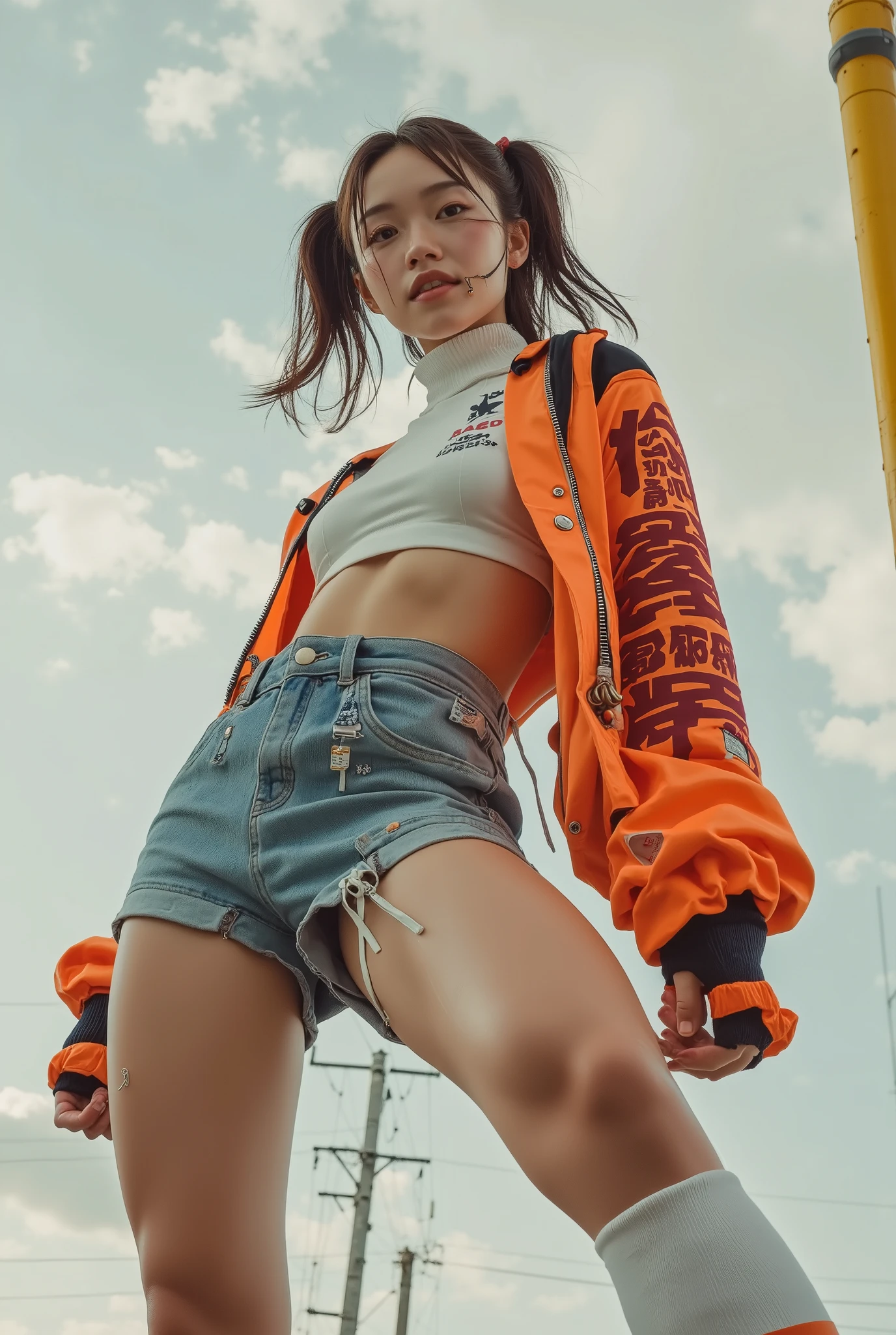 Ultra-realistic image of a sexy East Asian woman towering over the camera in a dynamic pose, low perspective, from below. She is gazing down at the camera with cheerful expression. Wearing a 90s-inspired outfit —cropped varsity jacket, denim shorts, white knee socks. Hair styled in high twin ponytails. Energetic, playful, pop culture queen.