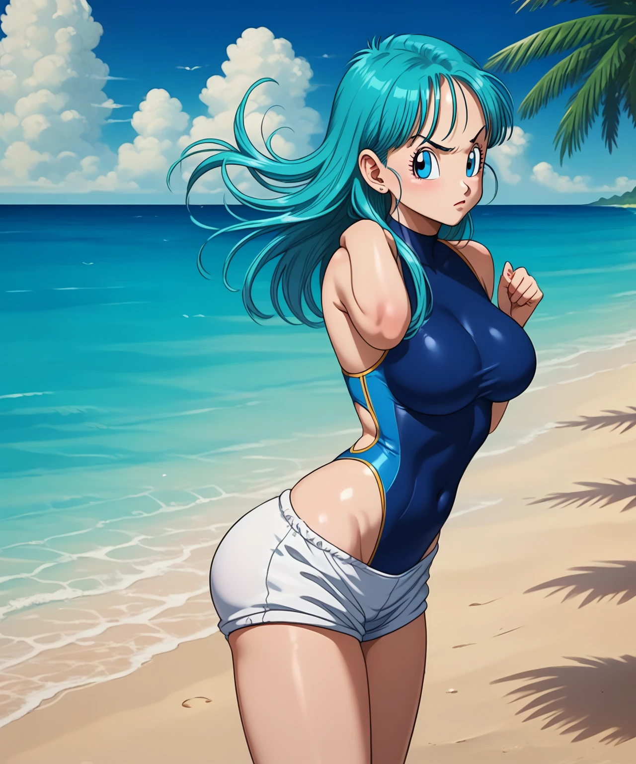 lum, bikini,(view from the back, on my knees, on the beach)