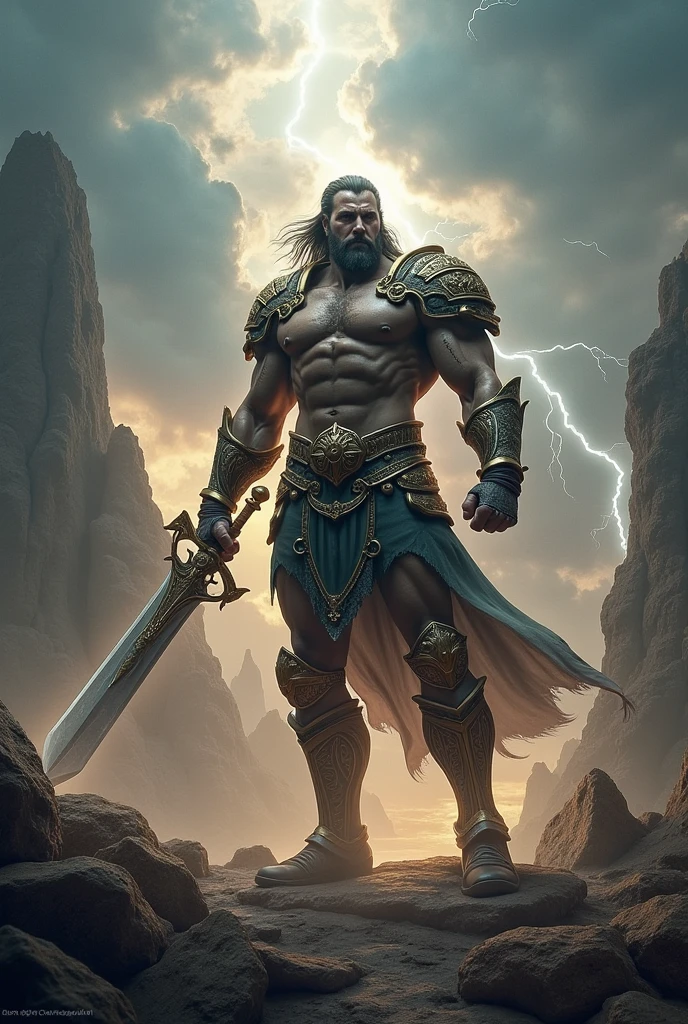 masterpiece, detailed, intricate, epic fantasy, colorful, full body, slight angle, man, 40 years old, hulking, brawny, fitted, ankle wraps, very hairy torso, big strong hands, fine detailed, running, intense action, dynamic juxtaposition, skimpy revealing slavery outfit, receding hairline, smirk, gladiator, with a sword, blades, big ancient city on fire in the background, heavy rain, smoggy, pointing away, depth of field, particle effects, high quality shadows, intense action --auto --s2