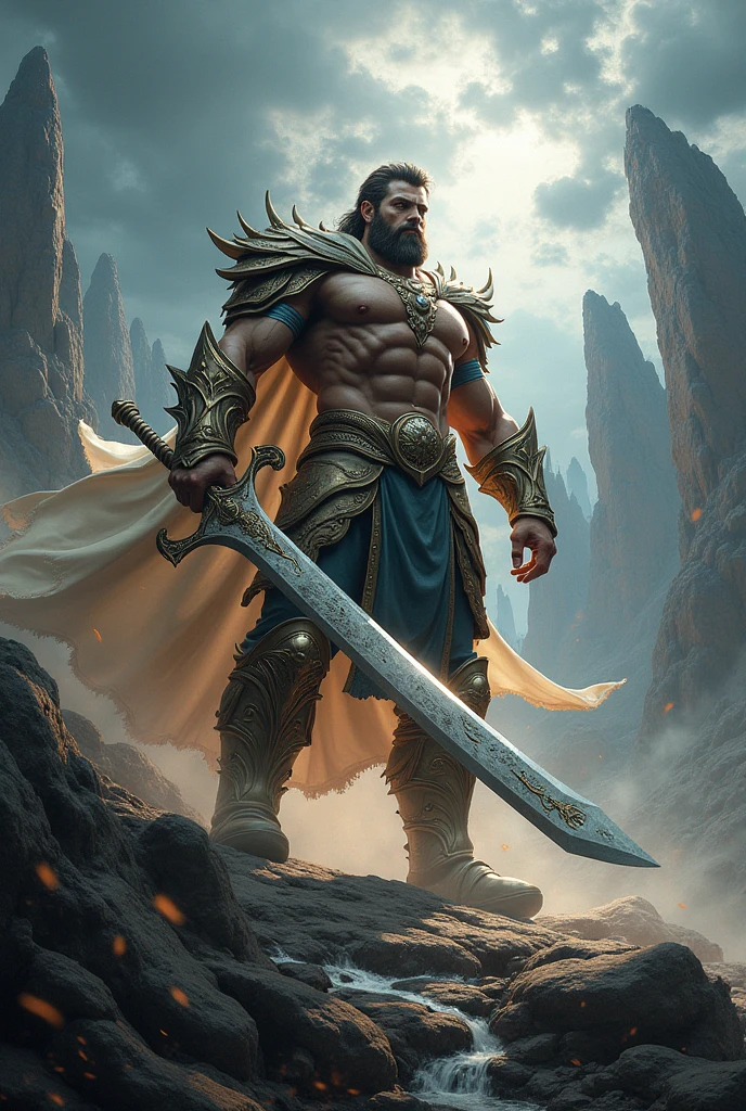 a close up of a man in armor holding a sword, raziel irl, male warrior, painted portrait of rugged zeus, kaladin stormblessed, godrays digital painting, ares with heavy armor and sword, epic fantasy digital art style, djinn man male demon, portrait of rugged zeus, trendin on artstation, guillem h. pongiluppi