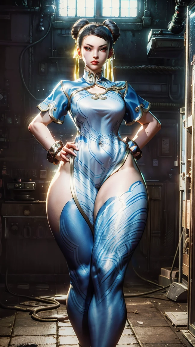 8k ((above view:1.3)), ((full body view))(large eyes:1.3), defined cheekbones, looking back, ((the pit style:1.4))((sleek dark blue bodysuit:1.6)) ((intricate lace details:1.6))detailed face:1.5), lightblue skin,(puffy lips:1.5) (lightblue skin:1.6), ((bald woman:1.7)), ((skinhead)), ((sexy pose)),(Muscular:1.3), ((gigantic breasts:1.5)), )highly detailed, Volumetric lighting, baroque oil painting by Greg Rutkowski, Artgerm, WLOP, dynamic angle,((intricate neon lines on bodysuit:1.3)), majestic, digital photography, best shadow, light particles, art by artgerm and ruan jia and greg rutkowski, ((gold shoulder pads:1.6)), (masterpiece), sidelighting, intricate details, (((black color palette)))