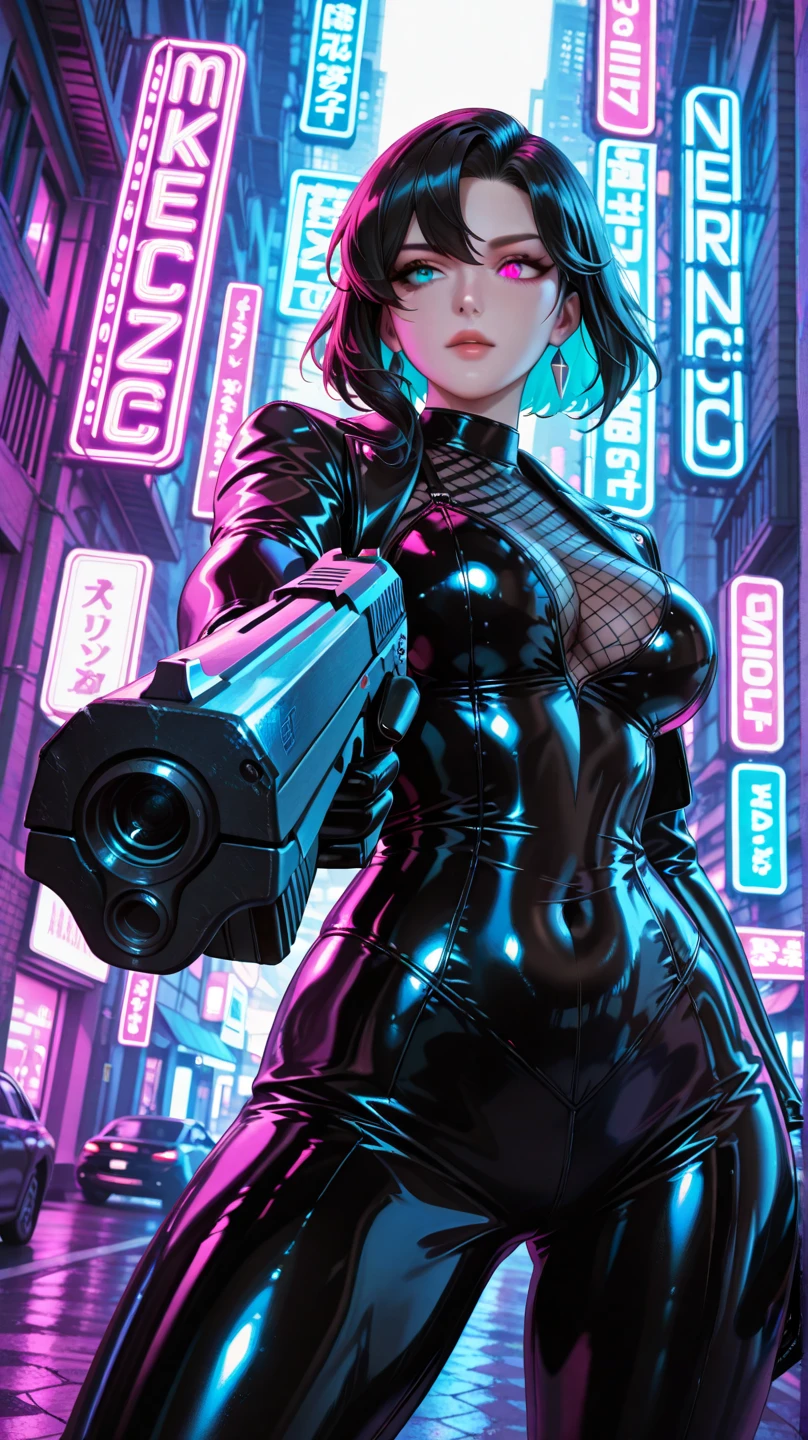 

cyberpunk style，30-year-old mature and charming woman，Tight leather jacket and leather pants cover the whole body，High-heeled leather boots，Fight with a laser sword，Beautiful，Glowing special effects，celluloid style，Flat coating，HD，CG art，comics，8K，looking into camera，high quality，illustration，Vaporwave style，rim light，movie lighting，Super detailed，complex，OC renderer，cinematic perspective，high resolution

