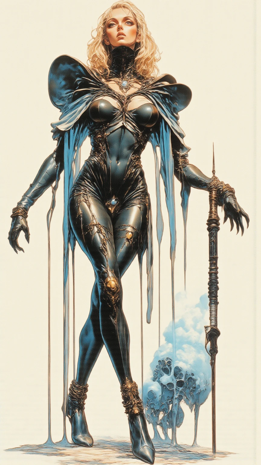 1 woman, perfect proportions, anatomically correct, (head to toe: 2.0), (full body image: 2.0), solo, (Casshern: 1.6), extremely stylized, deviant art, masterpiece, highly detailed, detailed eyes, expressive detailed eyes, detailed pupils, futuristic, ((1950s scifi helmet)), ((pointy helmet)), Rubber Gloss, (flightsuit:1.4), white boots, entire body image, full body shot, nvinkpunk, professional photograph of alexander_skarsgard, tassles, large beads, large tassels, navy blue and white, cyberpunk, inkpunk, paint platter, ink splatter, (action pose:1.0), ((holding a two pronged spear))
