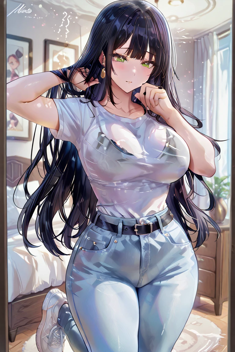 ((Tabletop, Highest quality, High resolution, , Pixel Perfect, 4K,))), 1 female, 、The whole body is visible、 ((Long Wavy Hair, bangs, Brown Hair)), ((Brown eyes, Beautiful eyelashes, Realistic eyes)), ((Detailed face, Blushing:1.2)), ((Smooth texture:0.75, Realistic texture:0.65, Realistic:1.1, Anime CG Style)), Medium sized breasts, Dynamic Angle, Perfect body, (( , , White camisole、No bra、、 Tight jeans pants、Take off your pants below your knees、、I can see her lacy white panties、、)), Gold Hair Ornament、Cross Necklace、、Very embarrassing panic smile, 、、、、、Leaning forward、Nipples are slightly visible、Sideboob、、Hotel Bedroom、Lying in bed、Show your ass、、、、、、 、)、