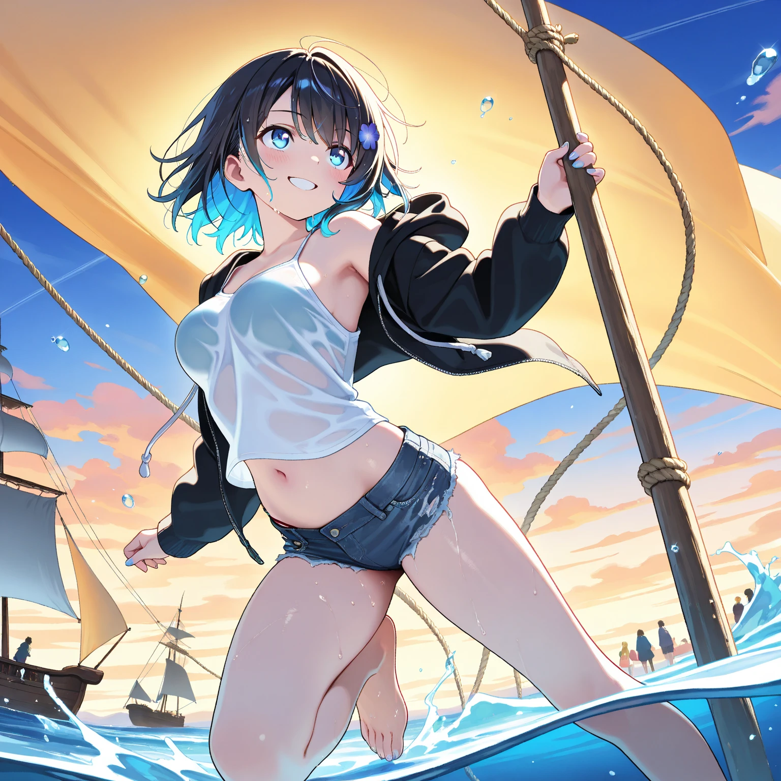 rating:safe, swimsuit, bikini, 1girl, navel, breasts, smile, blue_eyes, solo, cloud, open_mouth, outdoors, black_bikini, choker, :d, looking_at_viewer, stomach, bare_shoulders, cleavage, water, sky, collarbone, medium_breasts, day, front-tie_bikini, blue_sky, black_choker, halterneck, bare_arms, black_hair, blush, string_bikini, bangs, ocean, cowboy_shot, frills, wading, short_hair, standing, blue_bikini, front-tie_top, frilled_bikini, multi-strapped_bikini, eyebrows_visible_through_hair, bow