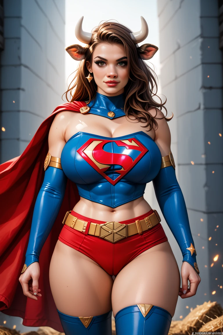 American World War II poster, Gil Elvgren style ((USA Poster, American Poster)) (((A young woman with straight dark hair long size up to her waist in superhero pose))) ((detailed outfit entirely red with gold)) (cars in the background of the image) (((robotic left arm)) (((cyberpunk arm))propaganda Poster, hero uniform, 1 girl, solo, good body, poster design, poster art style. 1980s, 1950s, 1960s, 1940s, basic color scheme, very colorful poster, colorful art, third rule, inspiring, woman, 1 25-year-old girl, hair blowing in the wind, looking at the viewer, blurred background, thick legs, green eyes, (wide hips:1.2), (chubby:1.2), (huge breasts:1.3),