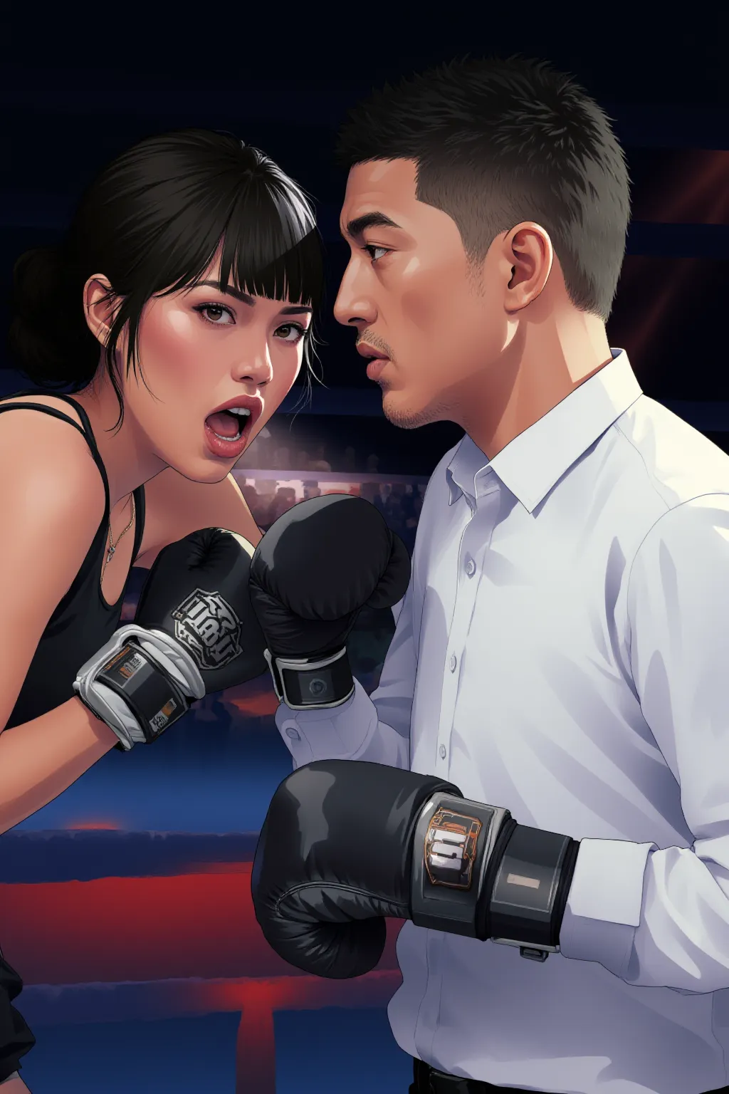 Female wearing suit and tie intense fighting in boxing ring, black suit, (three-piece suit), skirt suit, necktie, bodycon miniskirt, pantyhose, waistcoat, dynamic lighting, in the dark, deep shadow, low key, cowboy shot full-lenght body,fight stance, taunting, winning pose, preppy style, powerfull fight stance, focus, she win the fight pose, professional fighter fight stance, domination fight, avoiding punch from enemy while taunting, preppy fight style, laughing to the enemy, pointing to the camera, hands up professional fighter, hand touching her necktie to tease opponent, looking at viewer from below