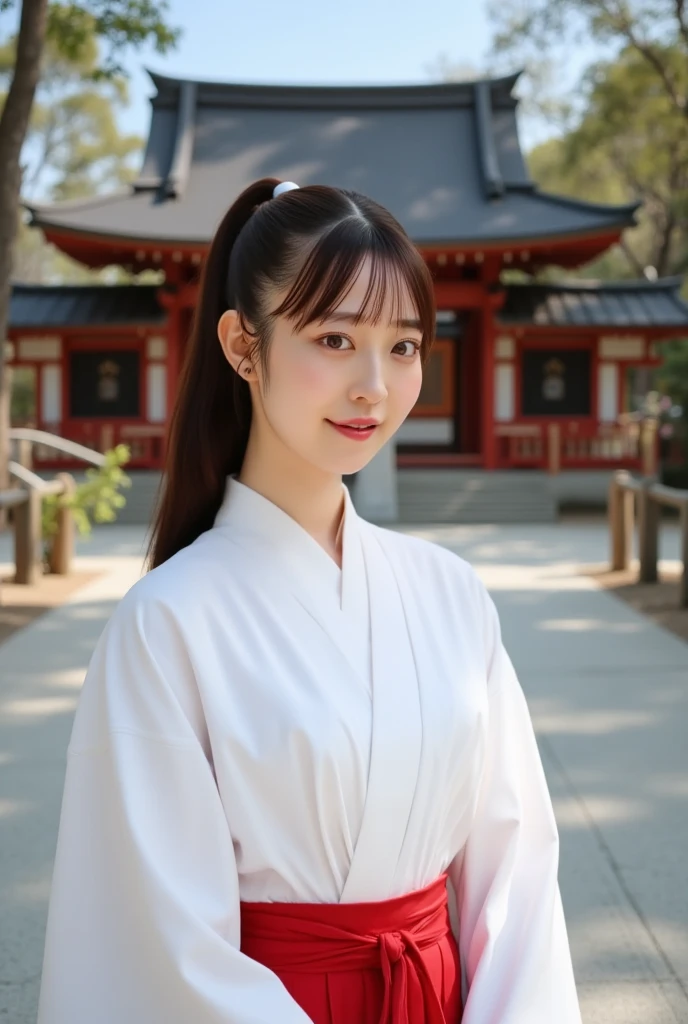 beautiful young woman. with black eyes、Features smooth black hair that reaches to the shoulders. hair is in a ponytail, Tie the top with a small red ribbon. He has a kind expression and a warm smile.. Make your eyes and expression cool. The eyes are dangling eyes. She is dressed in a traditional Japanese kimono featuring a red and white color scheme. small breasts. The background image is a Japanese landscape with a shrine.. new year.New Year. The background image is a Chinese landscape with a shrine.