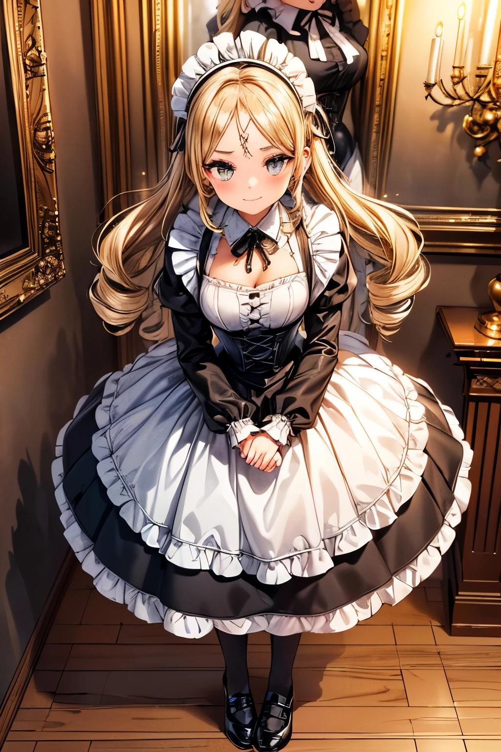 18 years old beautiful girl, big eyes, Large Breasts, Petite and slim, 8K, top quality, (Very detailed header: 1.0), (very detailed face: 1.0), (very fine hair: 1.0), maid uniform, Very detailed official artwork, Anime cute art style, Clean and detailed anime art, Smile, blond hair, smooth long hair