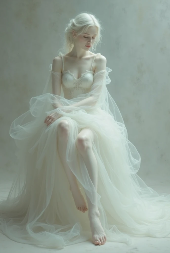 Hyper-realistic photo of a professional model with pale skin posing for a fashion photoshoot. Beautiful model in transparent floral lace night short dress, slender figure, beautiful large breasts, covered in transparent veil, lots of body exposure, full body image facing forward, fantastical painting-like image, silver hair, white translucent skin, long false eyelashes, sitting on a chair facing forward with legs apart, facing forward and legs apart to show crotch , lemon pastel transparent floral lingerie, glass high heels,