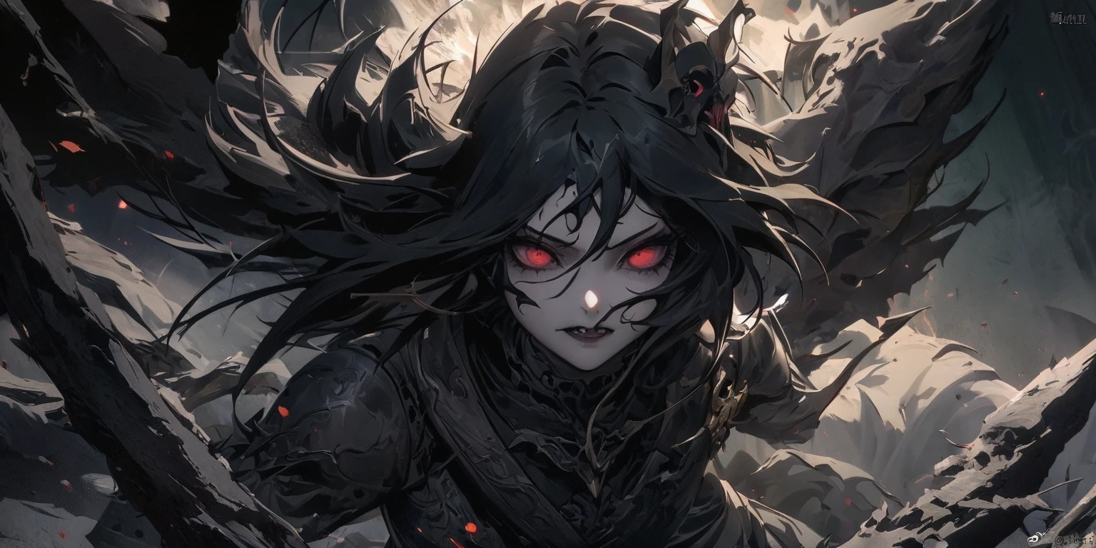 Glowing red eyes, malicious world eater, messy hair, glaring at viewer, dark foggy ruins, blood, armor,