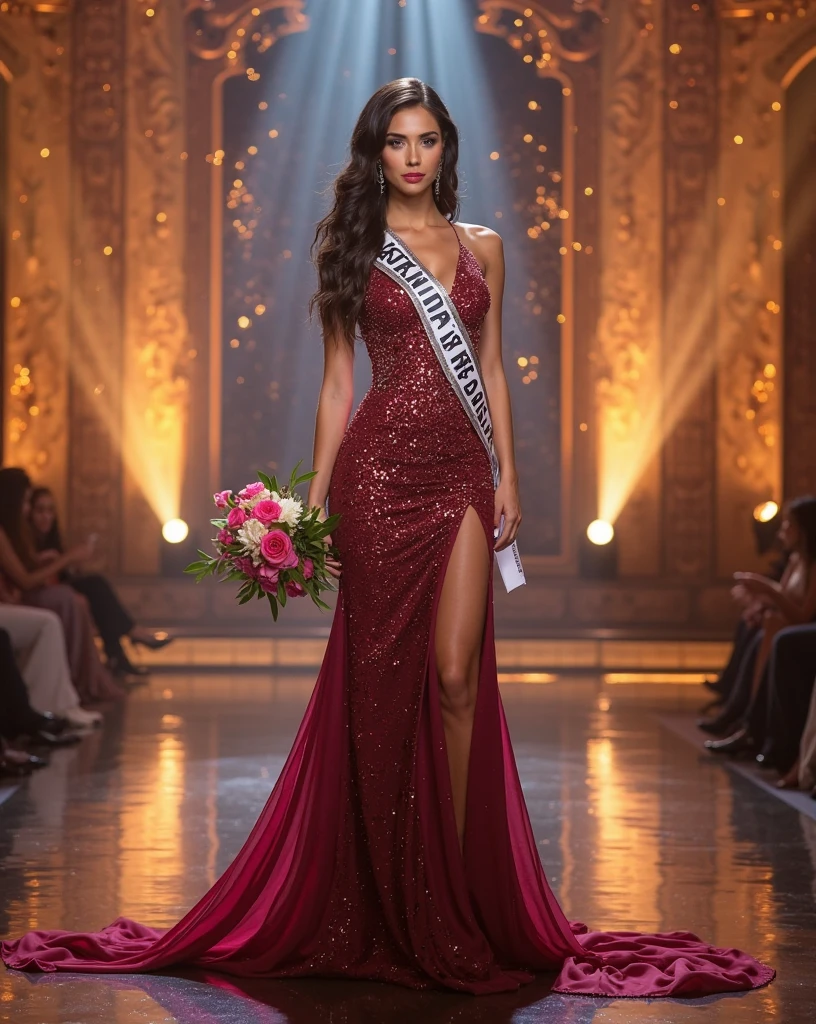 Miss Universe wear Evening gown at Stage and wear crown and sash Miss Universe 2027