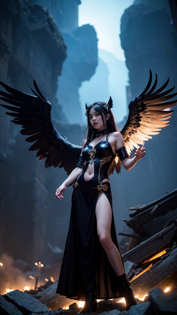 "Sensual Angel in Demon Avatar, Wings Unfurled in the Night's Embrace, Ethereal Charisma Balances Between Heaven and Hell, Adorned with the Dark Aura of Midnight, Sultry Beauty in Every Shadowed Movement, Silhouette Lost in the Dance of Nightfall, Moonlit Silence, Guardian of Twilight, Eliciting Desires for Forbidden Encounters, Serenity Found in the Whispers of Shadows, Mesmerizing Gaze Lost in the Depths of Darkness, Crafted with Exquisite Precision, A Masterpiece of Dualistic Allure, Arousing Whispers of Temptation and Taboo, Eyes Radiating the Fiery Magic of Unexplored Realms, A Perfect Fusion of Heaven's Grace and Hellish Temptation, Unveiling Enchantment in the Nocturnal Garden of Imagination.